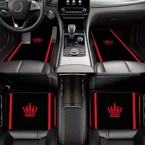 4PCS Red Crown Print Fashion Minimalist Car Floor Mats, Anti-Slip Stable No Displacement, Durable And Wear-Resistant, All-Season Use, Practical Car Interior Decoration Accessories