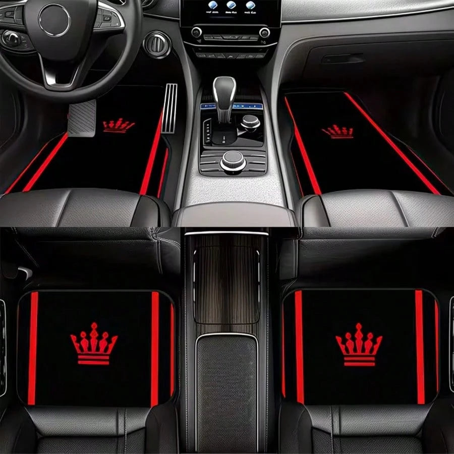 4PCS Red Crown Print Fashion Minimalist Car Floor Mats, Anti-Slip Stable No Displacement, Durable And Wear-Resistant, All-Season Use, Practical Car Interior Decoration Accessories