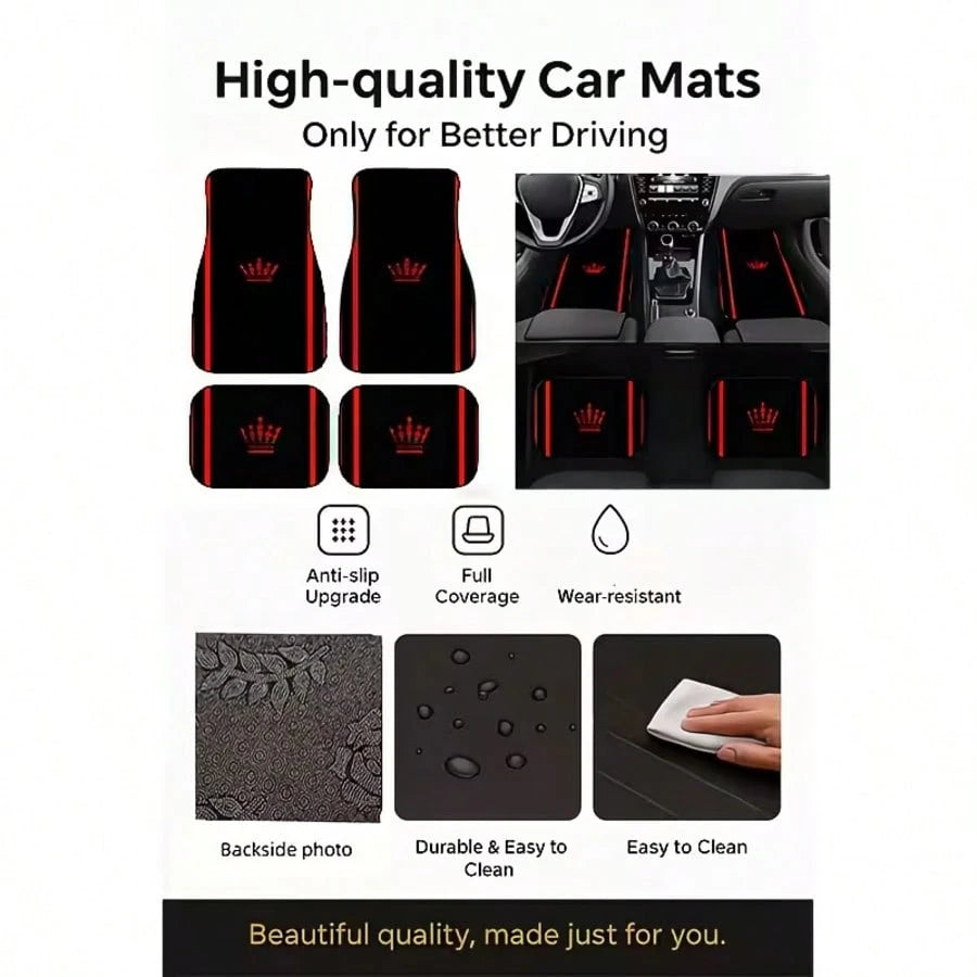 4PCS Red Crown Print Fashion Minimalist Car Floor Mats, Anti-Slip Stable No Displacement, Durable And Wear-Resistant, All-Season Use, Practical Car Interior Decoration Accessories