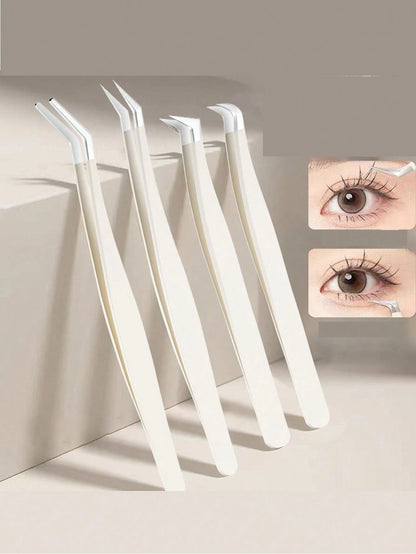 4pcs Set Eyelash Curler, Stainless Steel Tweezers, Curved Tweezers, Beauty Eyelash Extension Tools, Precision Eyelash Tweezers For Craft, Sticker Tweezers, Suitable As Gift And Decoration, Can Be Used