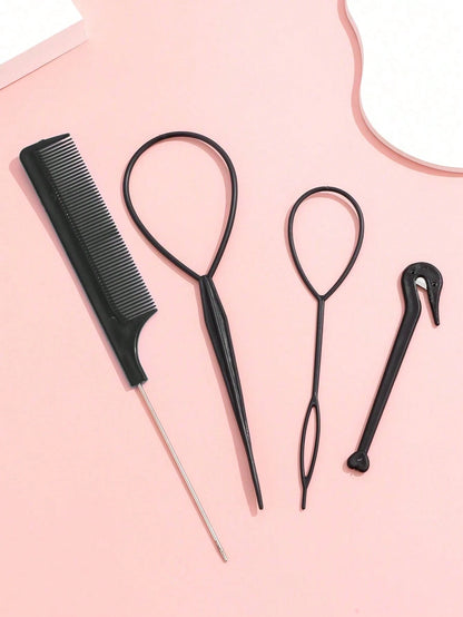 4Pcs Topsy Tail Hair Tool Hair Looping Tool Braiding With Rat Tail Comb, Ponytail Loop Hairs Bands Remover Cutter Fast Hairs Styling Accessories