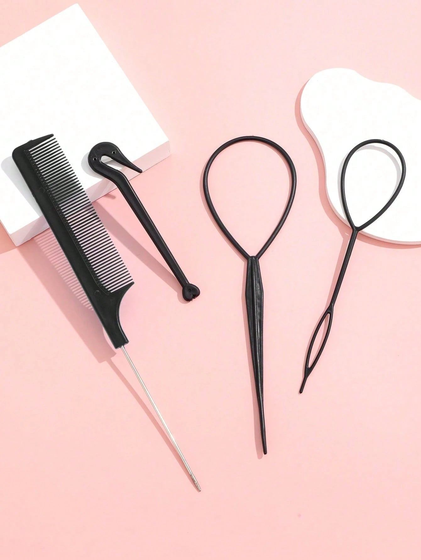 4Pcs Topsy Tail Hair Tool Hair Looping Tool Braiding With Rat Tail Comb, Ponytail Loop Hairs Bands Remover Cutter Fast Hairs Styling Accessories