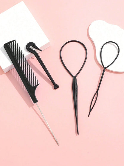 4Pcs Topsy Tail Hair Tool Hair Looping Tool Braiding With Rat Tail Comb, Ponytail Loop Hairs Bands Remover Cutter Fast Hairs Styling Accessories