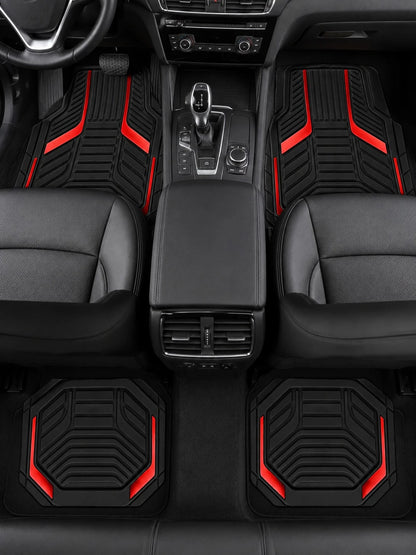 4pcs Universal All-Weather Car Floor Mats Set, Red & Black Geometric Pattern Non-Slip Floor Mats, Full Coverage Front & Rear Row Mats, Suitable For Sedan, SUV, Truck, Van, Fashionable Car Interior Acc