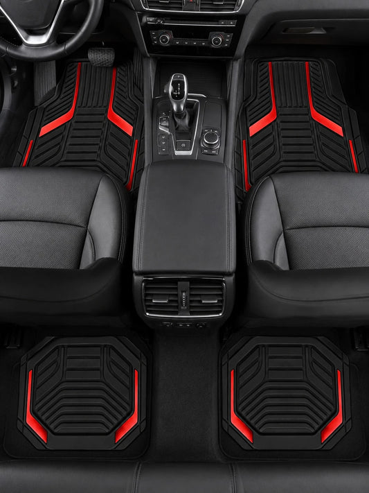 4pcs Universal All-Weather Car Floor Mats Set, Red & Black Geometric Pattern Non-Slip Floor Mats, Full Coverage Front & Rear Row Mats, Suitable For Sedan, SUV, Truck, Van, Fashionable Car Interior Acc