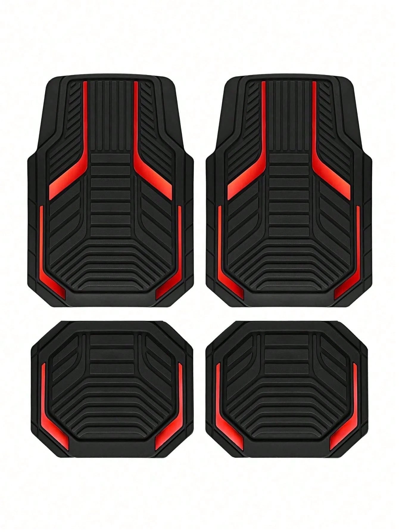4pcs Universal All-Weather Car Floor Mats Set, Red & Black Geometric Pattern Non-Slip Floor Mats, Full Coverage Front & Rear Row Mats, Suitable For Sedan, SUV, Truck, Van, Fashionable Car Interior Acc