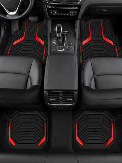 4pcs Universal All-Weather Car Floor Mats Set, Red & Black Geometric Pattern Non-Slip Floor Mats, Full Coverage Front & Rear Row Mats, Suitable For Sedan, SUV, Truck, Van, Fashionable Car Interior Acc