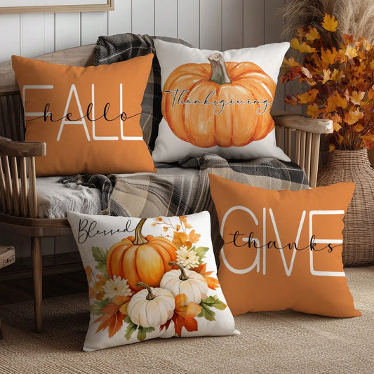 4pcs Vintage Autumn Decorative Orange Pumpkin Pillow Cover Set, Single-Sided Printed Peach Velvet Material, 45*45/50*50/40*40CM Cushion Cover Suitable For Room Decor, Modern Minimalist Sofa Living Roo
