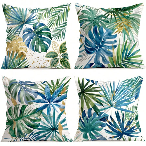 4pcs Watercolor Blue & Green Tropical Leaf Pattern Pillow Covers/Cushion Covers, Single-Sided Printed Decorative Throw Pillow Cases For Living Room Sofa Bedroom, Without Pillow Insert, 40x40cm/45x45cm