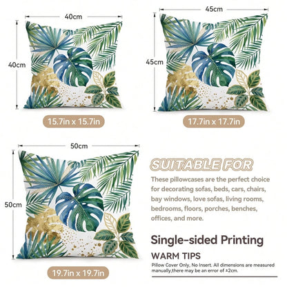 4pcs Watercolor Blue & Green Tropical Leaf Pattern Pillow Covers/Cushion Covers, Single-Sided Printed Decorative Throw Pillow Cases For Living Room Sofa Bedroom, Without Pillow Insert, 40x40cm/45x45cm