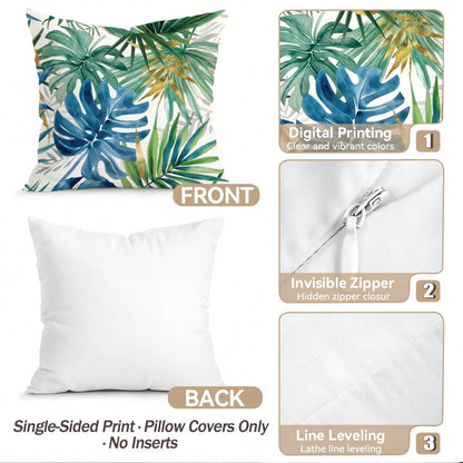 4pcs Watercolor Blue & Green Tropical Leaf Pattern Pillow Covers/Cushion Covers, Single-Sided Printed Decorative Throw Pillow Cases For Living Room Sofa Bedroom, Without Pillow Insert, 40x40cm/45x45cm