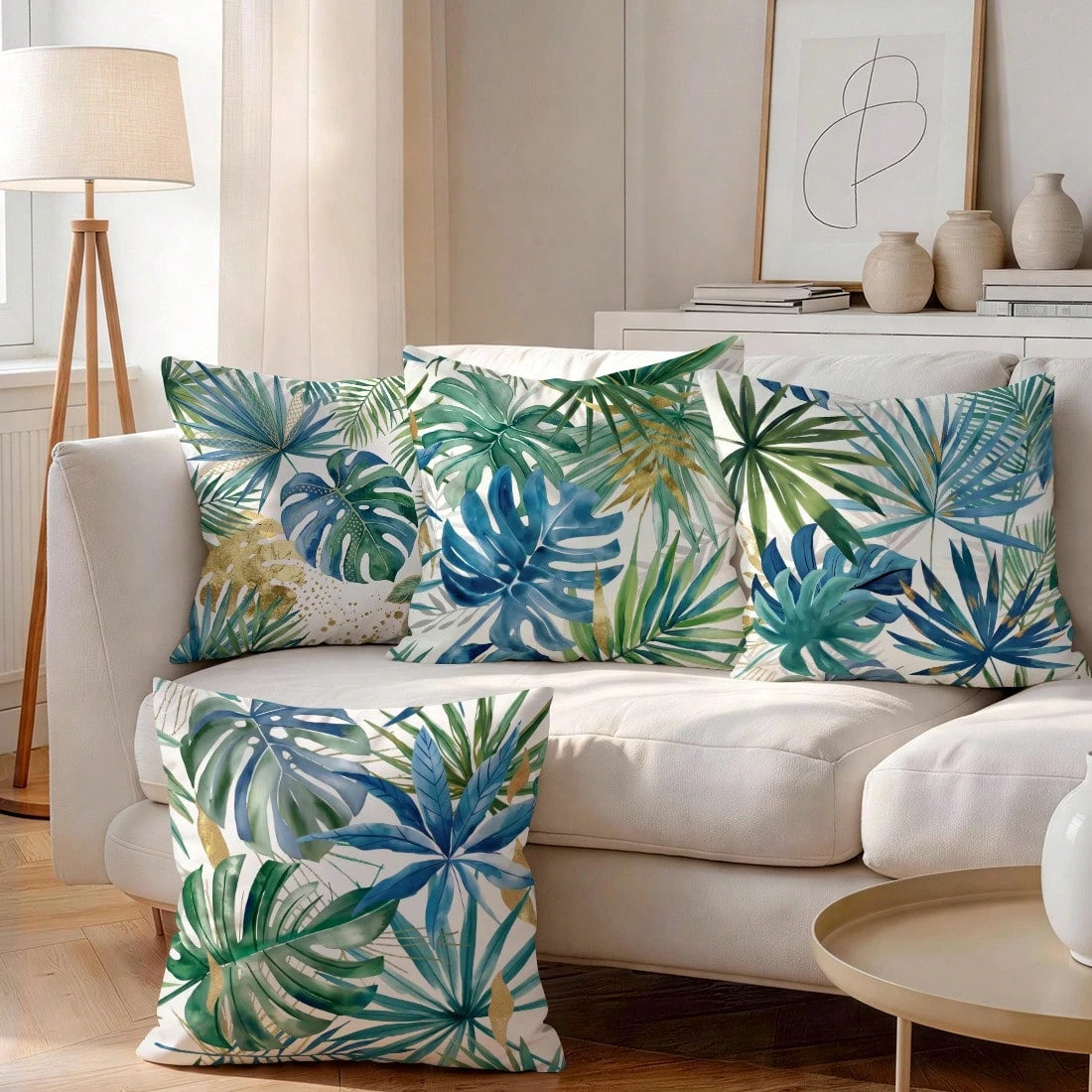 4pcs Watercolor Blue & Green Tropical Leaf Pattern Pillow Covers/Cushion Covers, Single-Sided Printed Decorative Throw Pillow Cases For Living Room Sofa Bedroom, Without Pillow Insert, 40x40cm/45x45cm