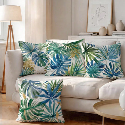 4pcs Watercolor Blue & Green Tropical Leaf Pattern Pillow Covers/Cushion Covers, Single-Sided Printed Decorative Throw Pillow Cases For Living Room Sofa Bedroom, Without Pillow Insert, 40x40cm/45x45cm