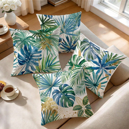 4pcs Watercolor Blue & Green Tropical Leaf Pattern Pillow Covers/Cushion Covers, Single-Sided Printed Decorative Throw Pillow Cases For Living Room Sofa Bedroom, Without Pillow Insert, 40x40cm/45x45cm