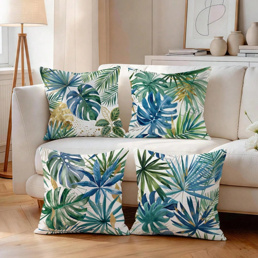 4pcs Watercolor Blue & Green Tropical Leaf Pattern Pillow Covers/Cushion Covers, Single-Sided Printed Decorative Throw Pillow Cases For Living Room Sofa Bedroom, Without Pillow Insert, 40x40cm/45x45cm