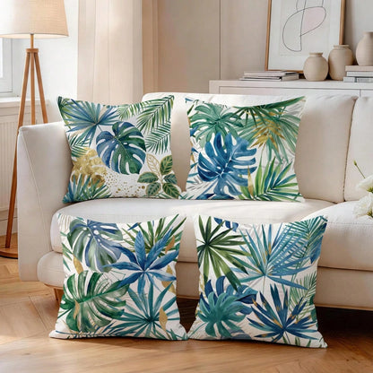 4pcs Watercolor Blue & Green Tropical Leaf Pattern Pillow Covers/Cushion Covers, Single-Sided Printed Decorative Throw Pillow Cases For Living Room Sofa Bedroom, Without Pillow Insert, 40x40cm/45x45cm