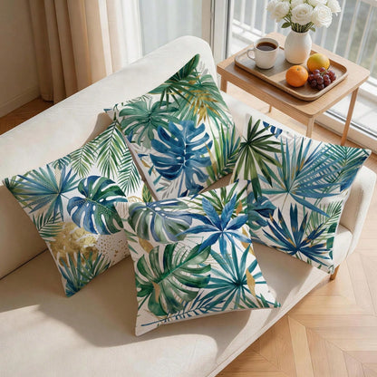 4pcs Watercolor Blue & Green Tropical Leaf Pattern Pillow Covers/Cushion Covers, Single-Sided Printed Decorative Throw Pillow Cases For Living Room Sofa Bedroom, Without Pillow Insert, 40x40cm/45x45cm