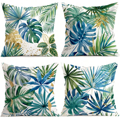 4pcs Watercolor Blue & Green Tropical Leaf Pattern Pillow Covers/Cushion Covers, Single-Sided Printed Decorative Throw Pillow Cases For Living Room Sofa Bedroom, Without Pillow Insert, 40x40cm/45x45cm
