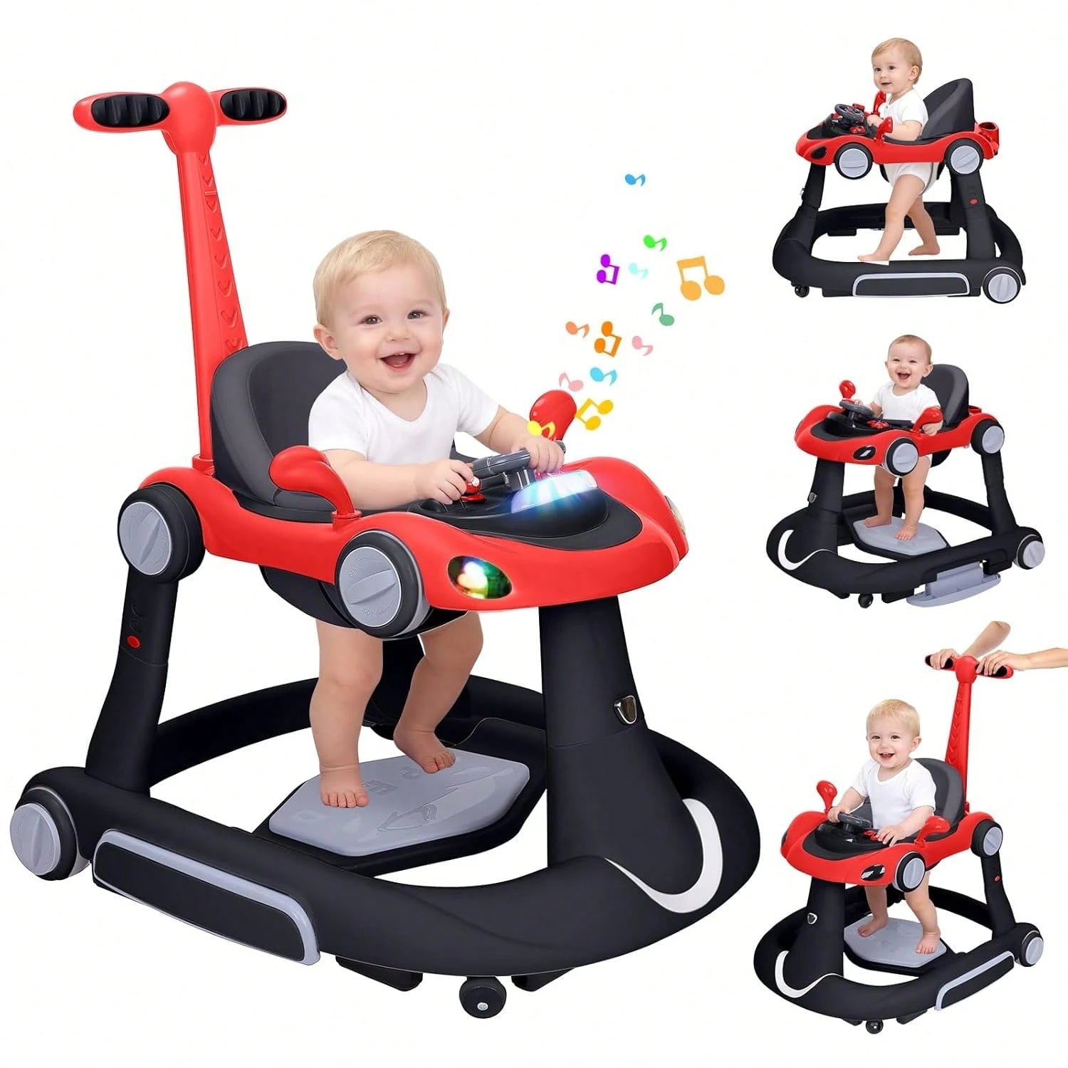 5 In 1 Baby Walker With Rocking, Push & Trolley Modes, Foldable, Steering Wheel, Music, 3 Height Adjustable, Anti-Slip Pads, 6-18 Months,Black Red