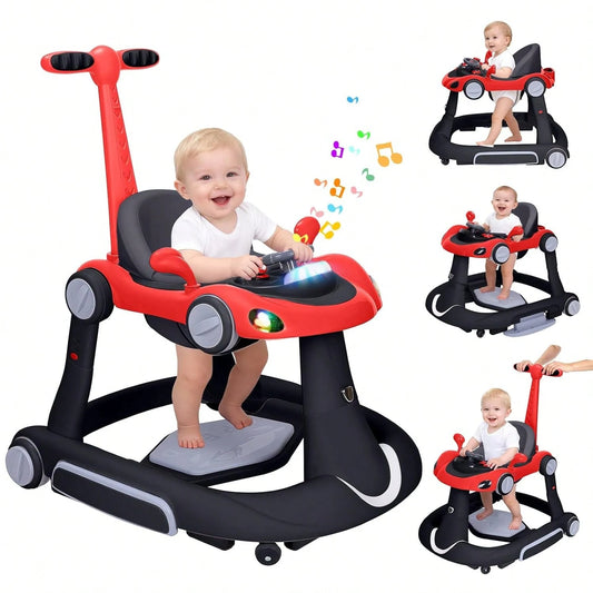 5 In 1 Baby Walker With Rocking, Push & Trolley Modes, Foldable, Steering Wheel, Music, 3 Height Adjustable, Anti-Slip Pads, 6-18 Months,Black Red
