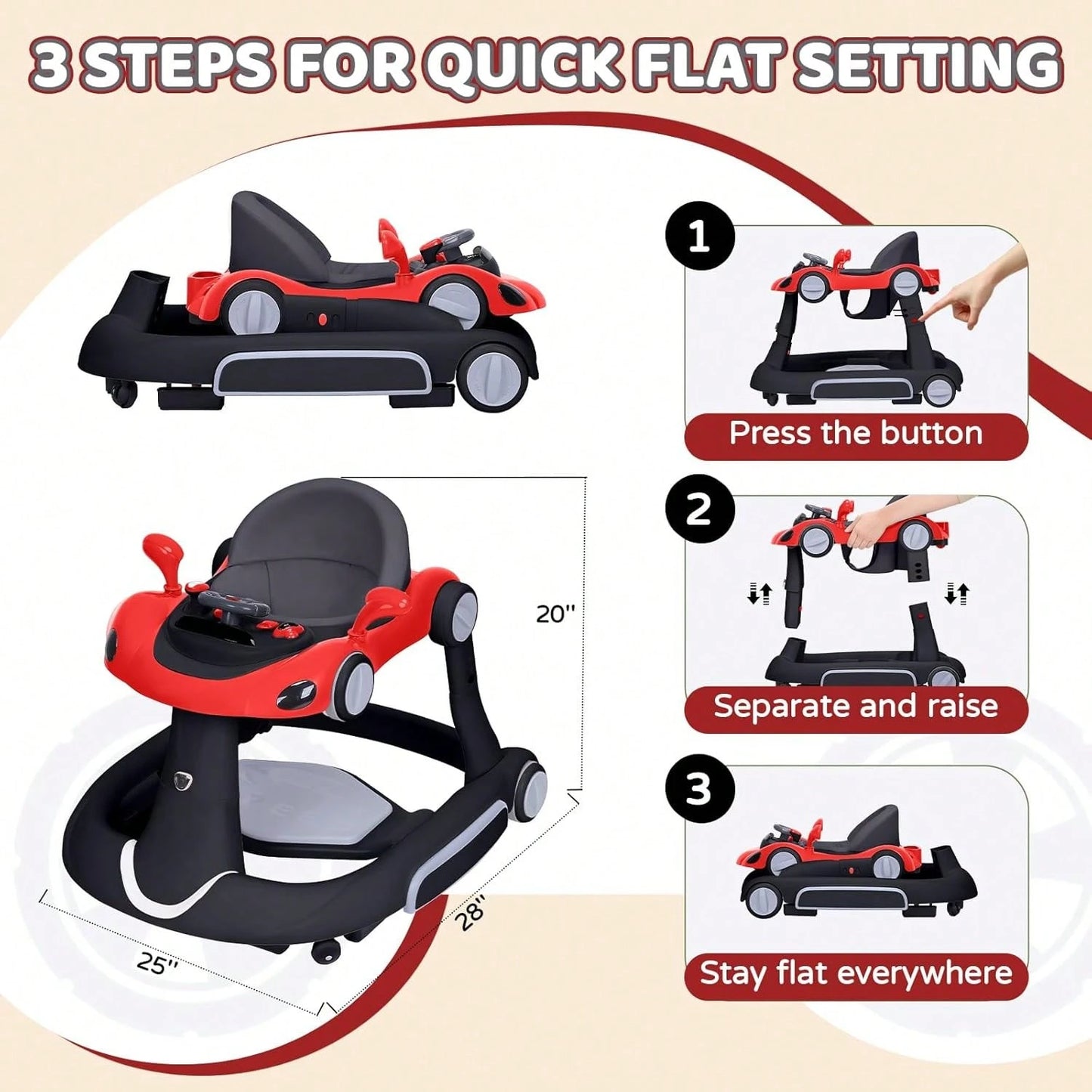 5 In 1 Baby Walker With Rocking, Push & Trolley Modes, Foldable, Steering Wheel, Music, 3 Height Adjustable, Anti-Slip Pads, 6-18 Months,Black Red