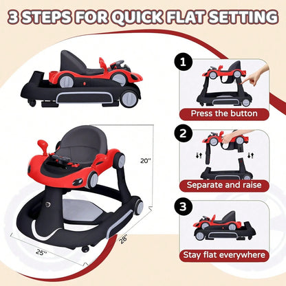5 In 1 Baby Walker With Rocking, Push & Trolley Modes, Foldable, Steering Wheel, Music, 3 Height Adjustable, Anti-Slip Pads, 6-18 Months,Black Red