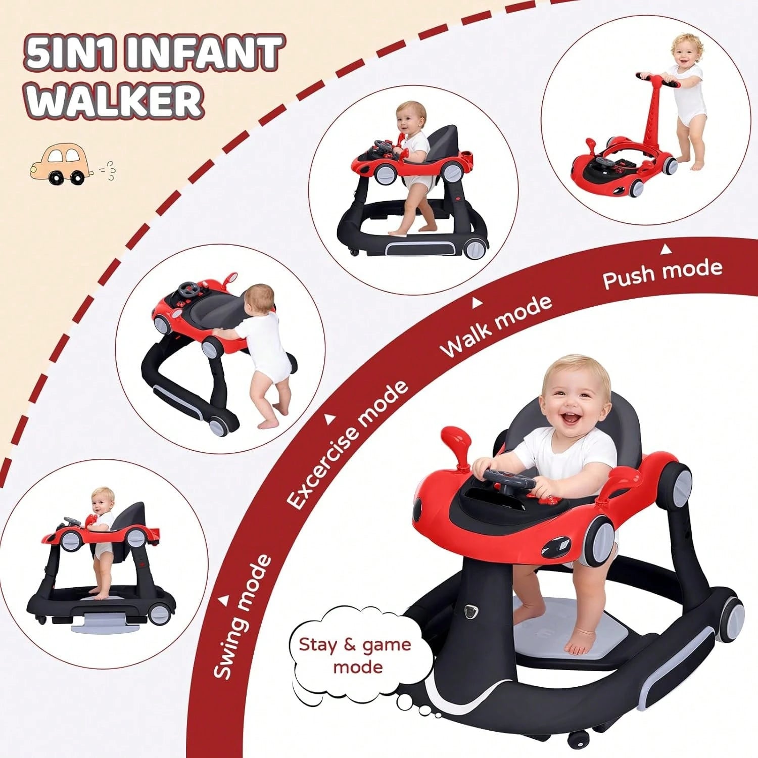 5 In 1 Baby Walker With Rocking, Push & Trolley Modes, Foldable, Steering Wheel, Music, 3 Height Adjustable, Anti-Slip Pads, 6-18 Months,Black Red