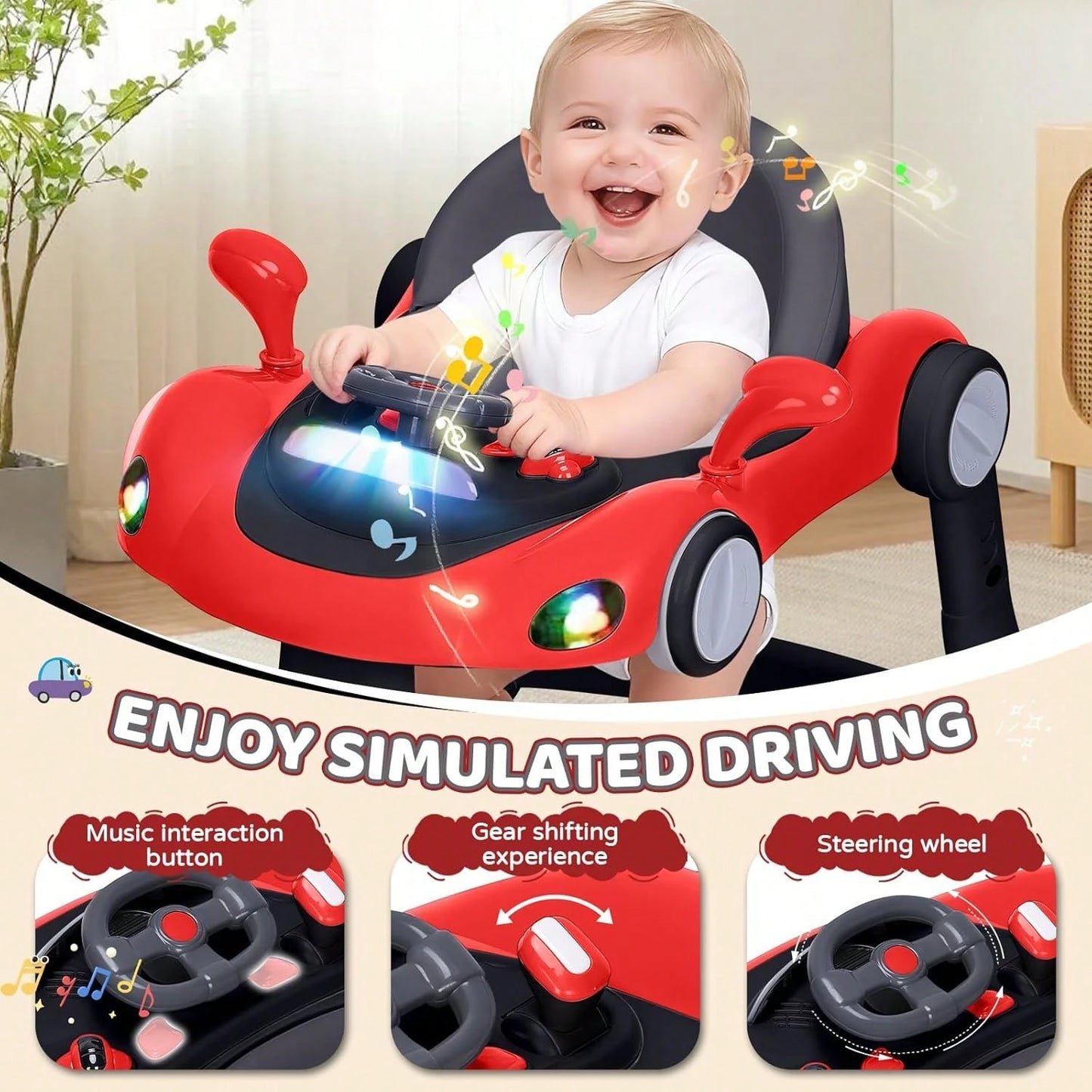 5 In 1 Baby Walker With Rocking, Push & Trolley Modes, Foldable, Steering Wheel, Music, 3 Height Adjustable, Anti-Slip Pads, 6-18 Months,Black Red