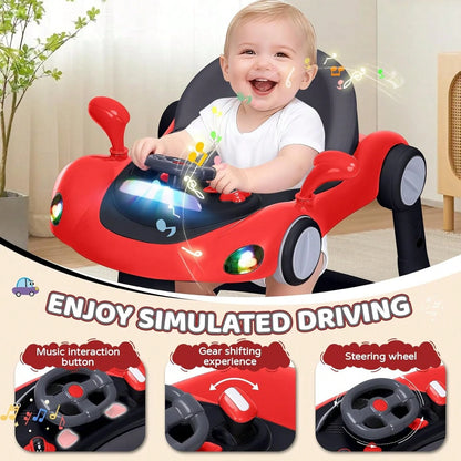 5 In 1 Baby Walker With Rocking, Push & Trolley Modes, Foldable, Steering Wheel, Music, 3 Height Adjustable, Anti-Slip Pads, 6-18 Months,Black Red