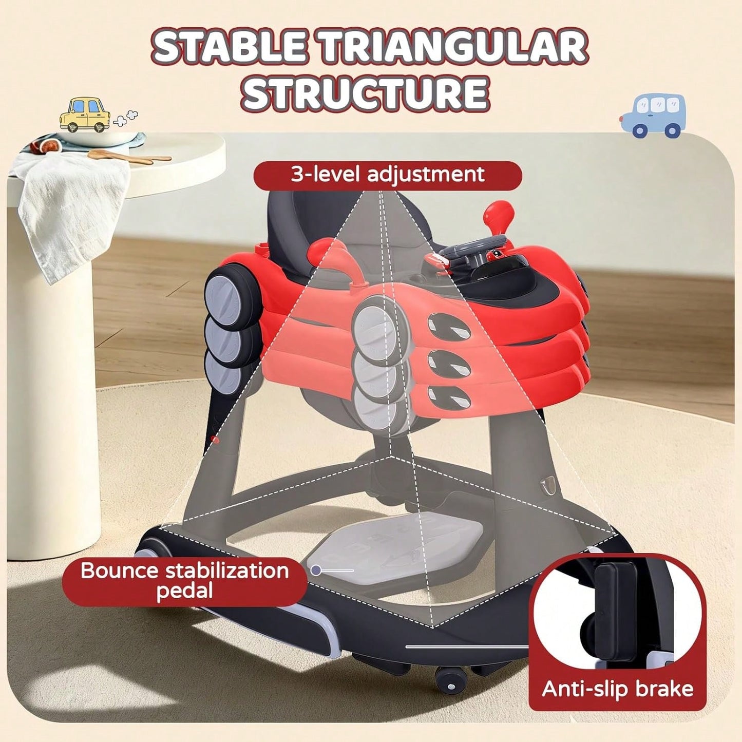 5 In 1 Baby Walker With Rocking, Push & Trolley Modes, Foldable, Steering Wheel, Music, 3 Height Adjustable, Anti-Slip Pads, 6-18 Months,Black Red