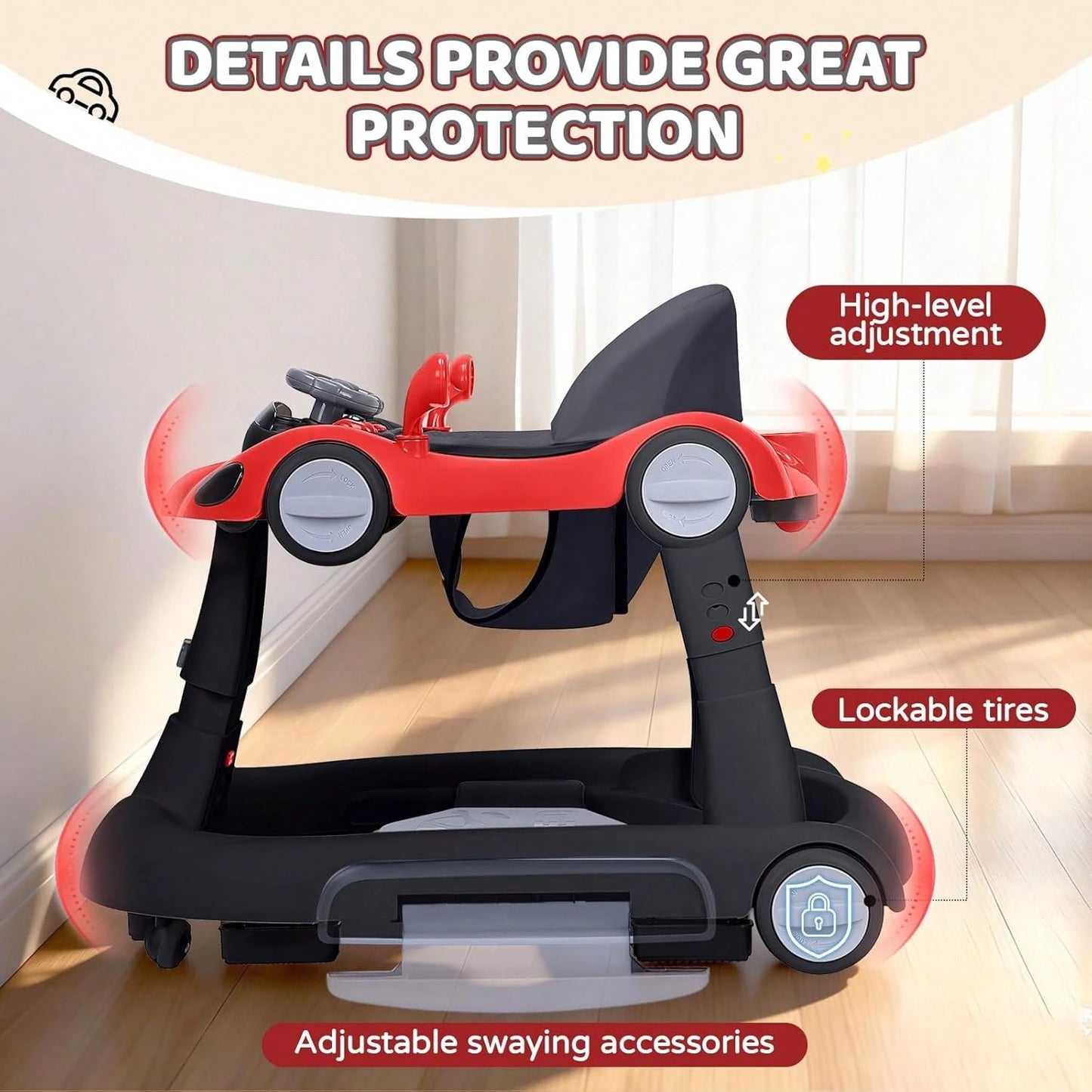 5 In 1 Baby Walker With Rocking, Push & Trolley Modes, Foldable, Steering Wheel, Music, 3 Height Adjustable, Anti-Slip Pads, 6-18 Months,Black Red