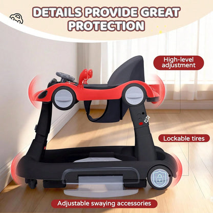 5 In 1 Baby Walker With Rocking, Push & Trolley Modes, Foldable, Steering Wheel, Music, 3 Height Adjustable, Anti-Slip Pads, 6-18 Months,Black Red