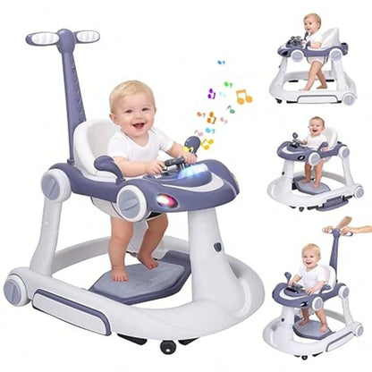 5 In 1 Baby Walker With Rocking, Push & Trolley Modes, Foldable, Steering Wheel, Music, 3 Height Adjustable, Anti-Slip Pads, 6-18 Months,Black Red