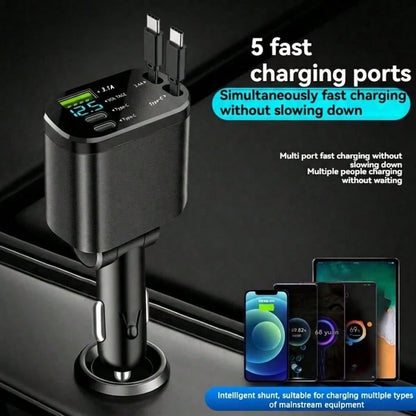 5-In-1 Retractable Car Charger, Extendable Cable, Compatible With Type-C And USB Ports, Digital Display, Charges Up To 5 Devices Simultaneously, Suitable For Most Vehicles