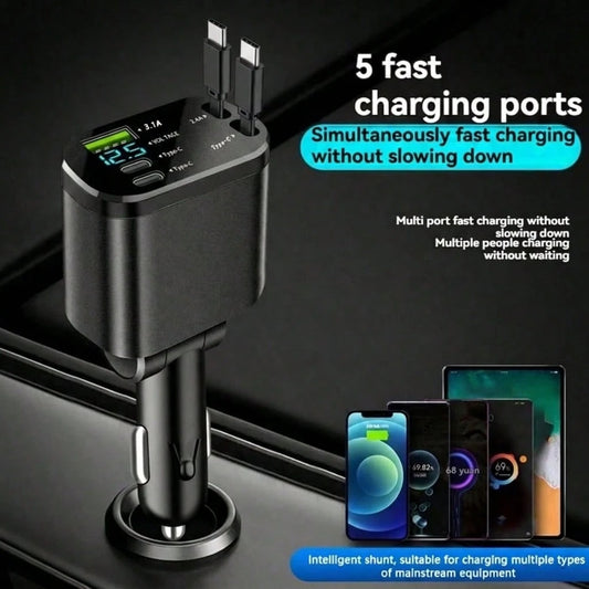 5-In-1 Retractable Car Charger, Extendable Cable, Compatible With Type-C And USB Ports, Digital Display, Charges Up To 5 Devices Simultaneously, Suitable For Most Vehicles