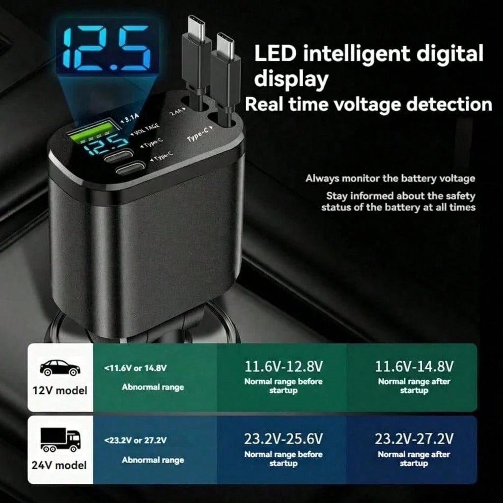 5-In-1 Retractable Car Charger, Extendable Cable, Compatible With Type-C And USB Ports, Digital Display, Charges Up To 5 Devices Simultaneously, Suitable For Most Vehicles