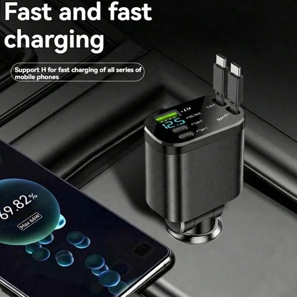 5-In-1 Retractable Car Charger, Extendable Cable, Compatible With Type-C And USB Ports, Digital Display, Charges Up To 5 Devices Simultaneously, Suitable For Most Vehicles