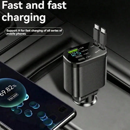 5-In-1 Retractable Car Charger, Extendable Cable, Compatible With Type-C And USB Ports, Digital Display, Charges Up To 5 Devices Simultaneously, Suitable For Most Vehicles