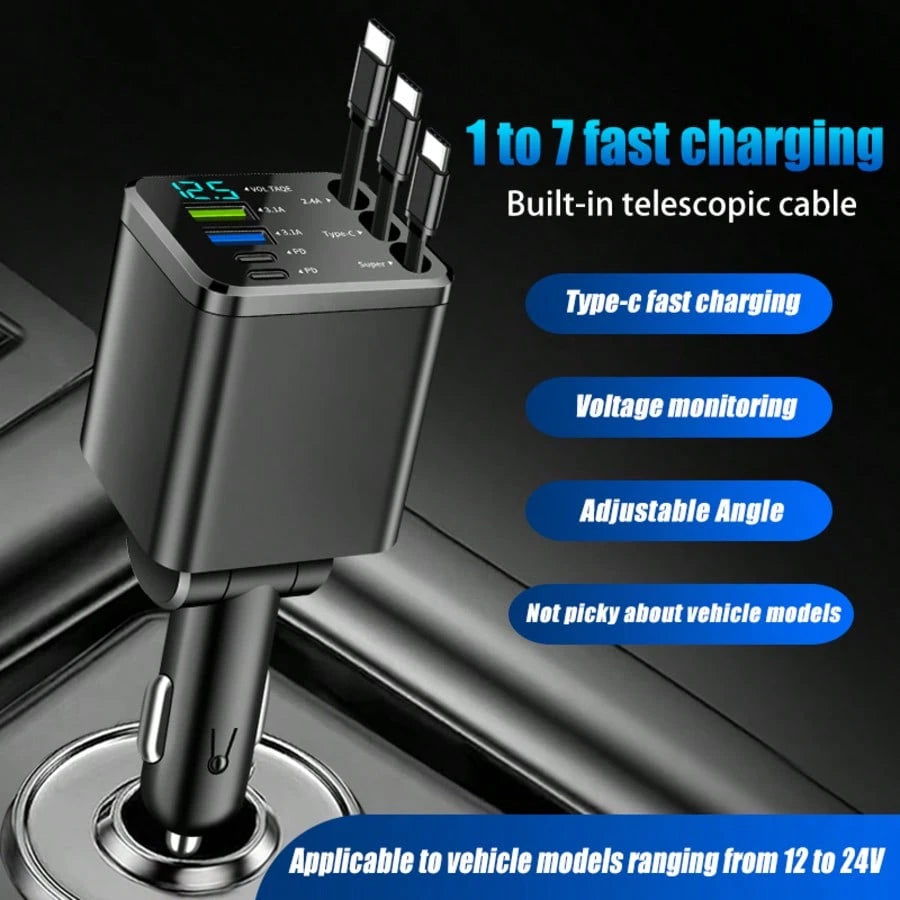 5-In-1 Retractable Car Charger, Extendable Cable, Compatible With Type-C And USB Ports, Digital Display, Charges Up To 5 Devices Simultaneously, Suitable For Most Vehicles