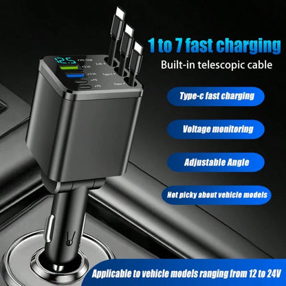 5-In-1 Retractable Car Charger, Extendable Cable, Compatible With Type-C And USB Ports, Digital Display, Charges Up To 5 Devices Simultaneously, Suitable For Most Vehicles