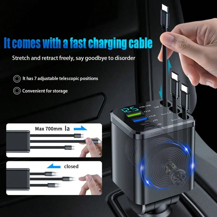 5-In-1 Retractable Car Charger, Extendable Cable, Compatible With Type-C And USB Ports, Digital Display, Charges Up To 5 Devices Simultaneously, Suitable For Most Vehicles