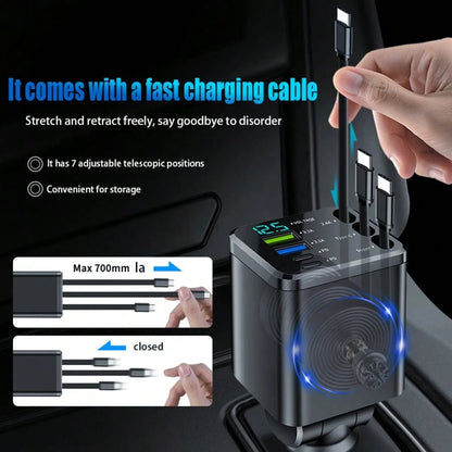 5-In-1 Retractable Car Charger, Extendable Cable, Compatible With Type-C And USB Ports, Digital Display, Charges Up To 5 Devices Simultaneously, Suitable For Most Vehicles