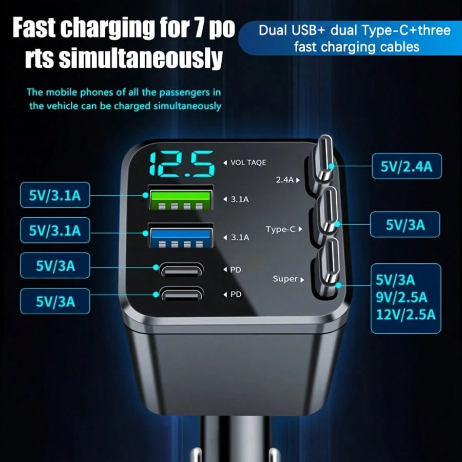 5-In-1 Retractable Car Charger, Extendable Cable, Compatible With Type-C And USB Ports, Digital Display, Charges Up To 5 Devices Simultaneously, Suitable For Most Vehicles