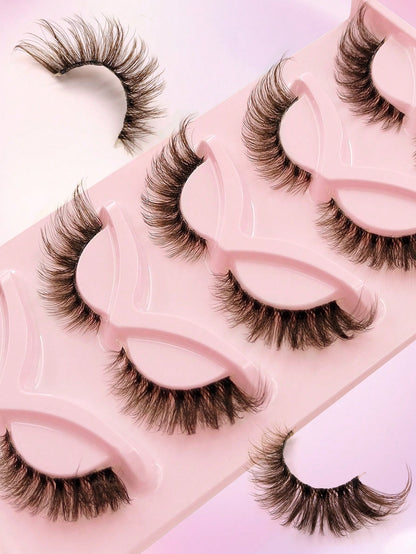 5 Pairs Fluffy Brown Dramatic Soft False Eyelashes, Transparent Lash Bands, Invisible Lash Strips, Natural Criss-Cross Curly Cat Eye Lashes, Brown Fox Eye Effect Faux Mink Lashes, Suitable For Daily E
