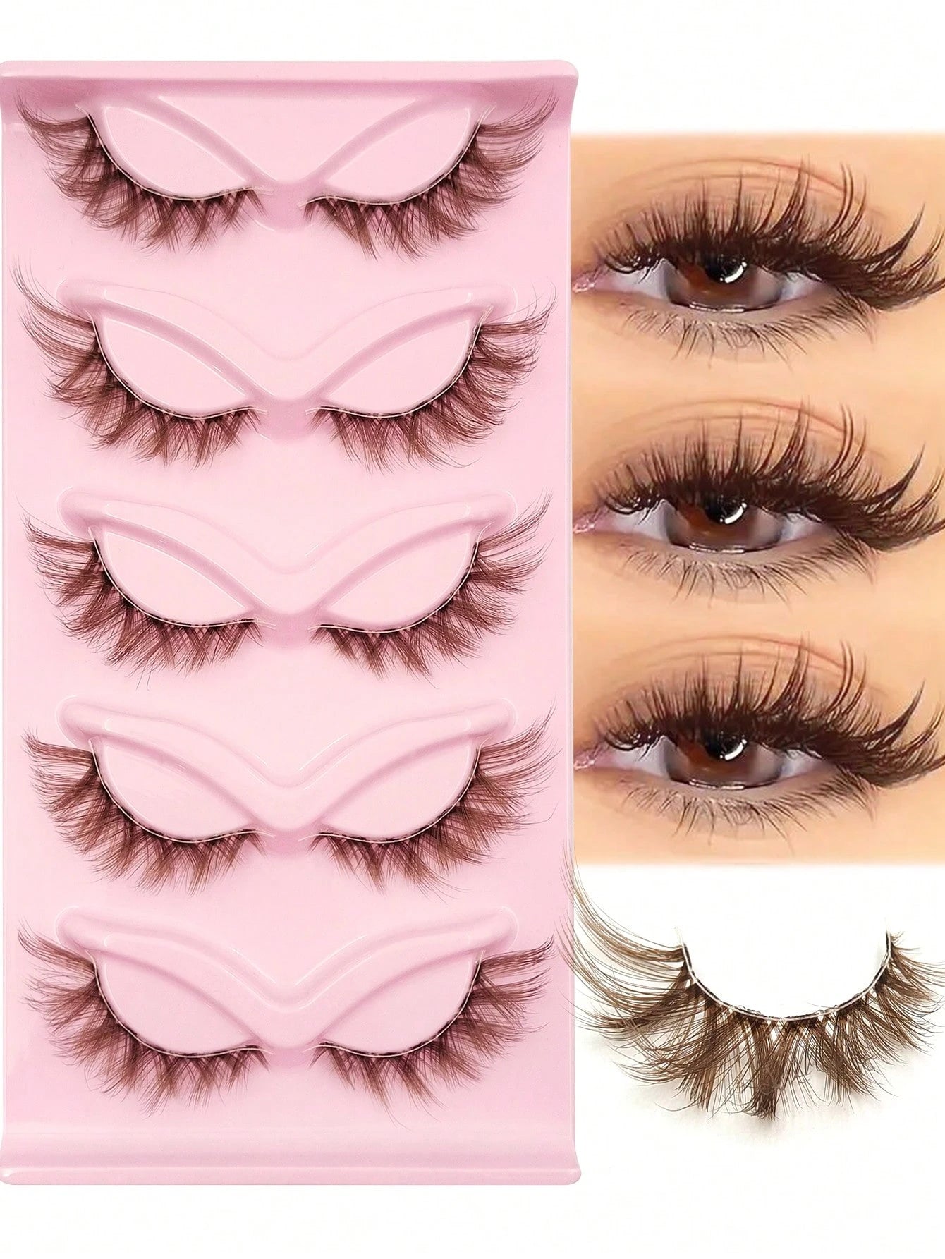 5 Pairs Fluffy Brown Dramatic Soft False Eyelashes, Transparent Lash Bands, Invisible Lash Strips, Natural Criss-Cross Curly Cat Eye Lashes, Brown Fox Eye Effect Faux Mink Lashes, Suitable For Daily E