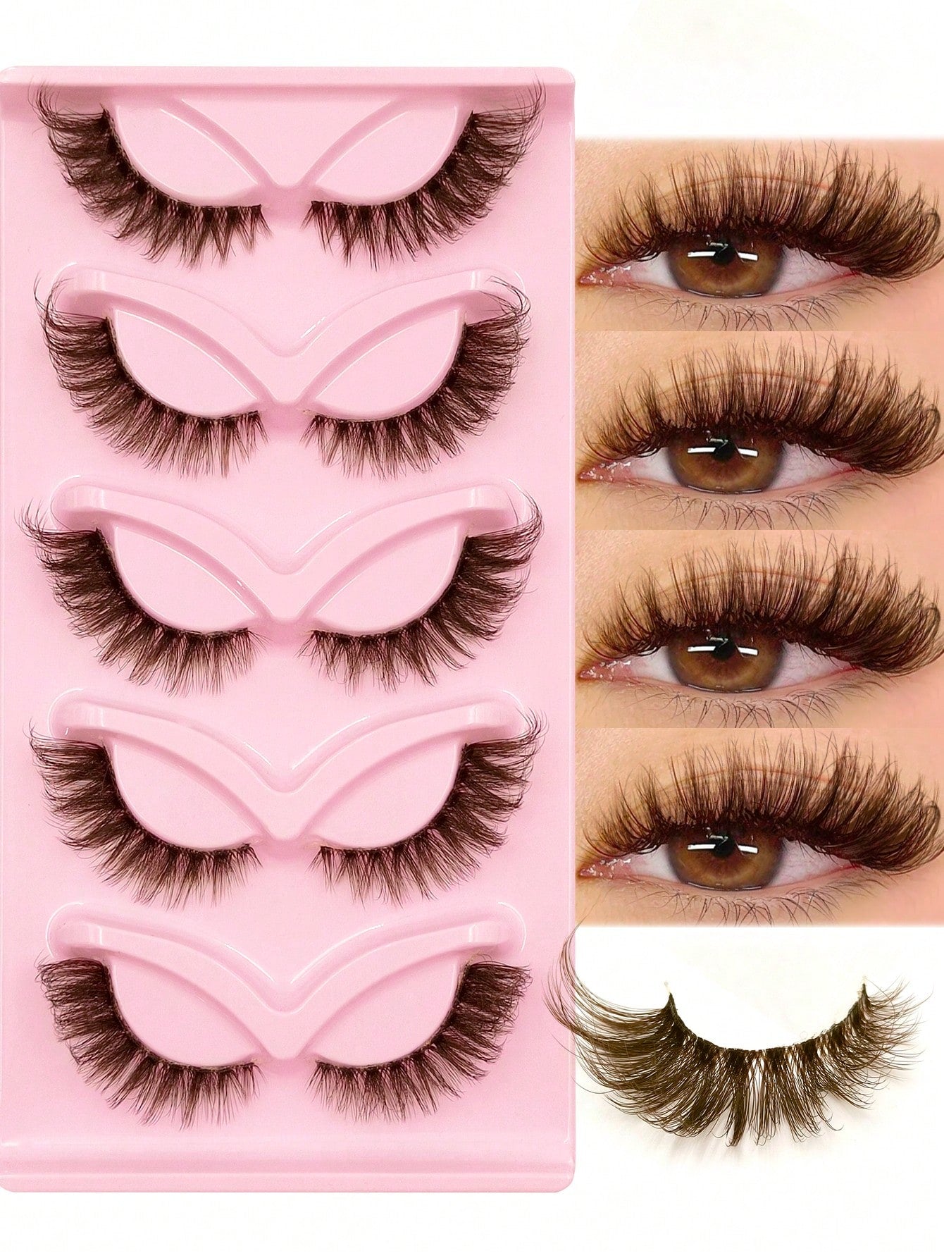 5 Pairs Fluffy Brown Dramatic Soft False Eyelashes, Transparent Lash Bands, Invisible Lash Strips, Natural Criss-Cross Curly Cat Eye Lashes, Brown Fox Eye Effect Faux Mink Lashes, Suitable For Daily E