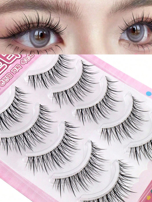 5 Pairs Pointed Tail Korean Manga Style Natural Thin Invisible Band Eyelashes, Natural Realistic C-Curl Exquisite Handmade Sweet Doll Big Eye Lashes