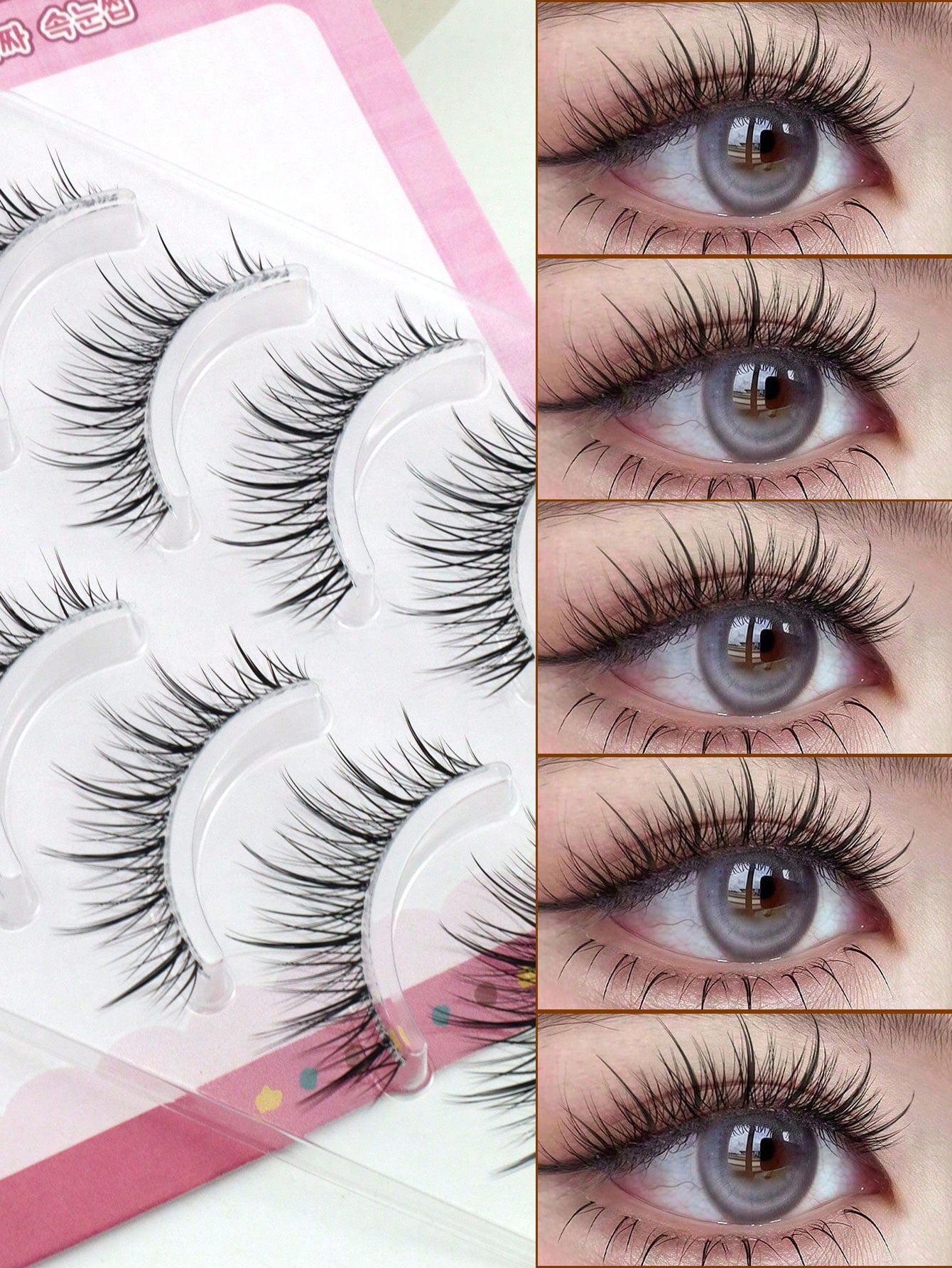 5 Pairs Pointed Tail Korean Manga Style Natural Thin Invisible Band Eyelashes, Natural Realistic C-Curl Exquisite Handmade Sweet Doll Big Eye Lashes