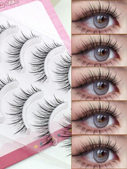 5 Pairs Pointed Tail Korean Manga Style Natural Thin Invisible Band Eyelashes, Natural Realistic C-Curl Exquisite Handmade Sweet Doll Big Eye Lashes
