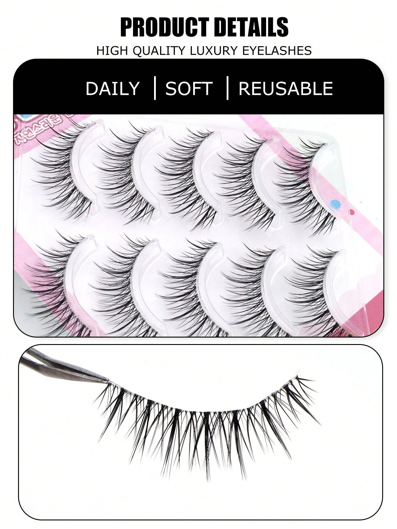 5 Pairs Pointed Tail Korean Manga Style Natural Thin Invisible Band Eyelashes, Natural Realistic C-Curl Exquisite Handmade Sweet Doll Big Eye Lashes